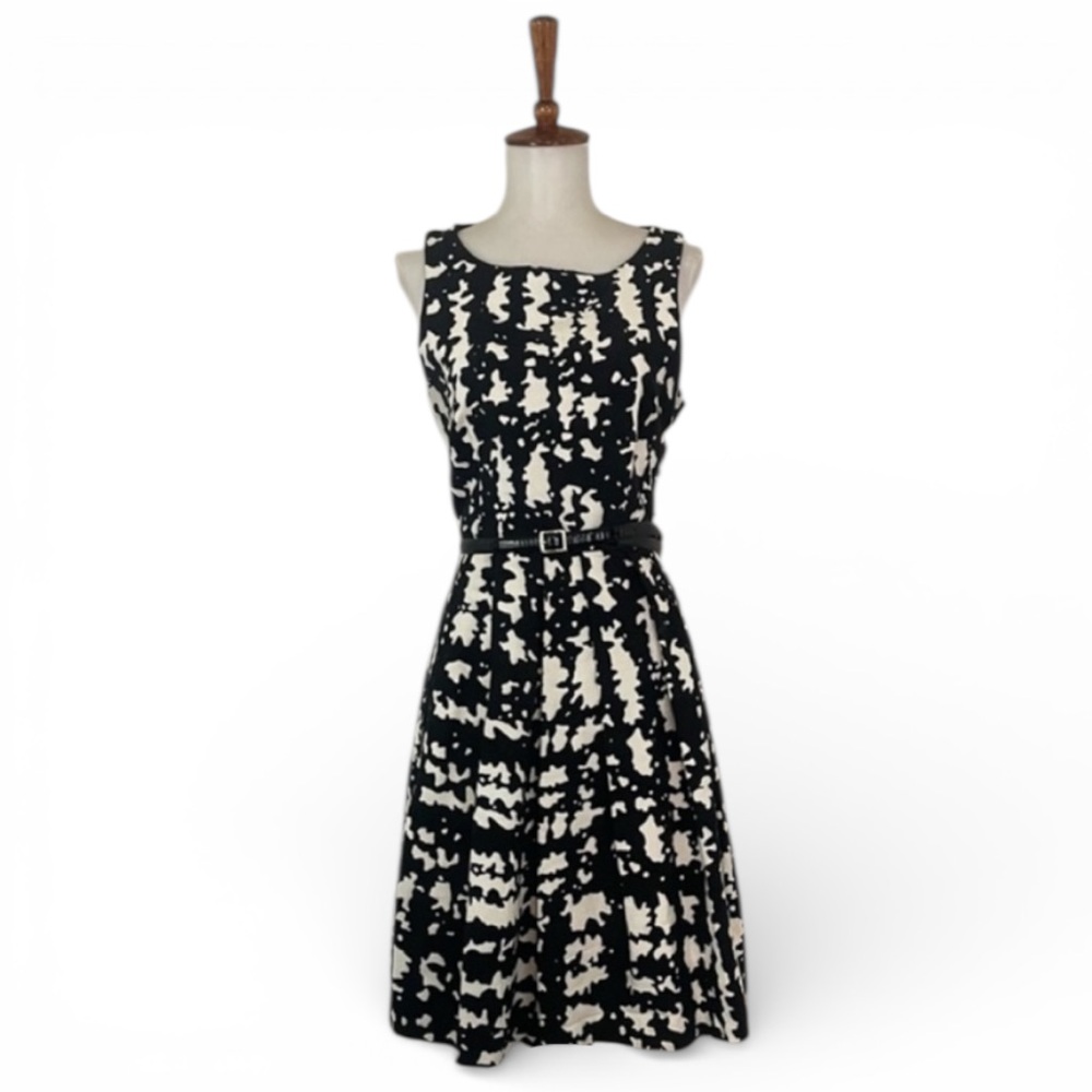 Eva Franco Black and Cream Abstract Sleeveless Belted Mini Dress